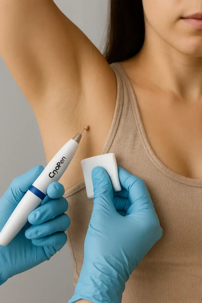 woman having cryopen to remove underarm skin tags Radlett